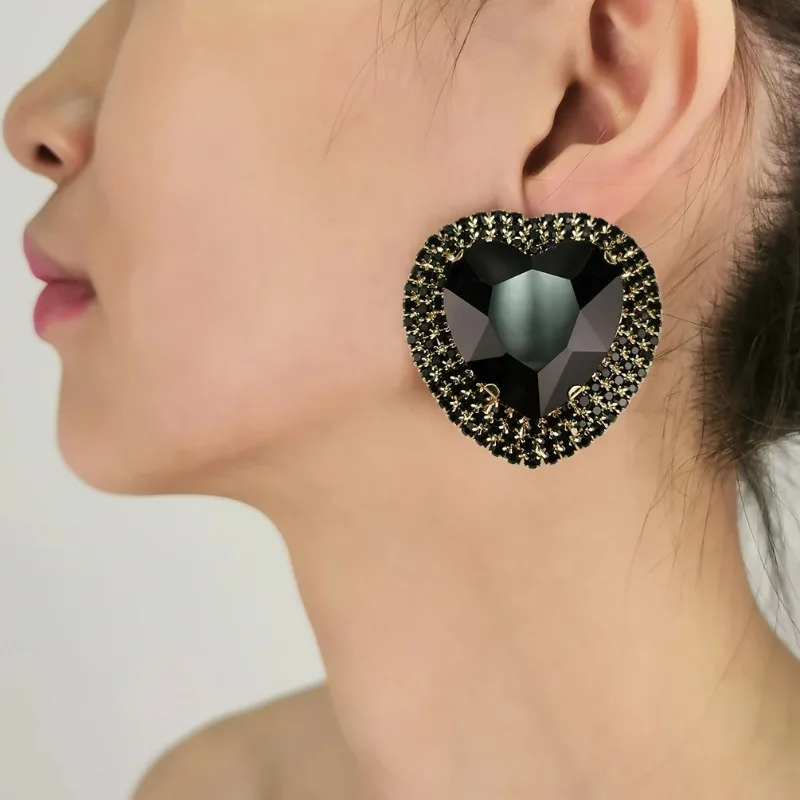 New Fashionable Colorful Crystal Big Heart Stud Earrings for Women Girls Metal Statement Rhinestones Earings Luxury Jewelry
