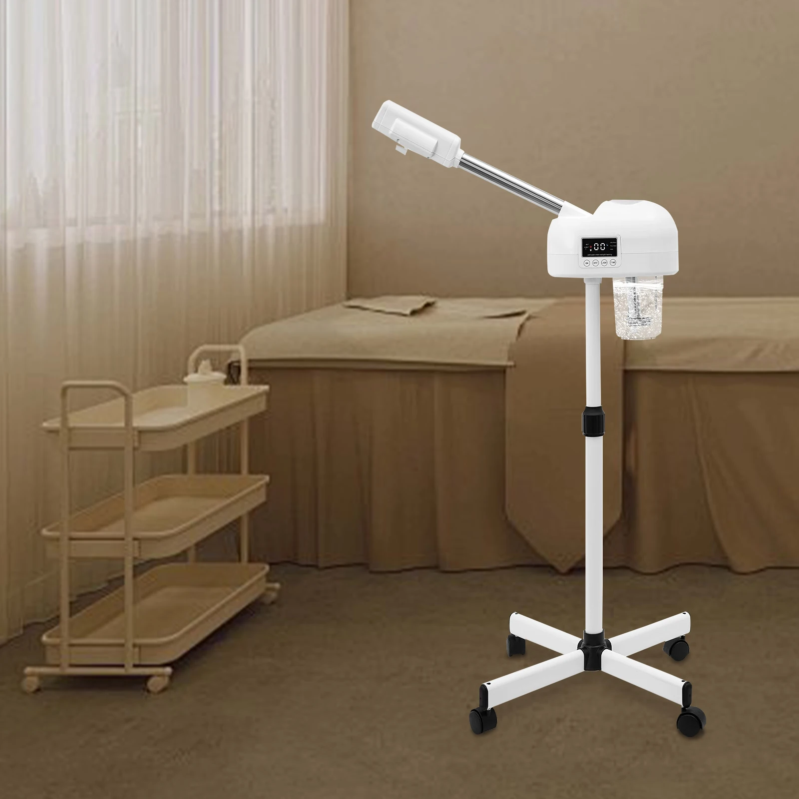 LCD Ozone Facial Steamer Professional with Rolling Wheels for Clean Skin Adjustable Height Timer Function Spa with Hot Mist