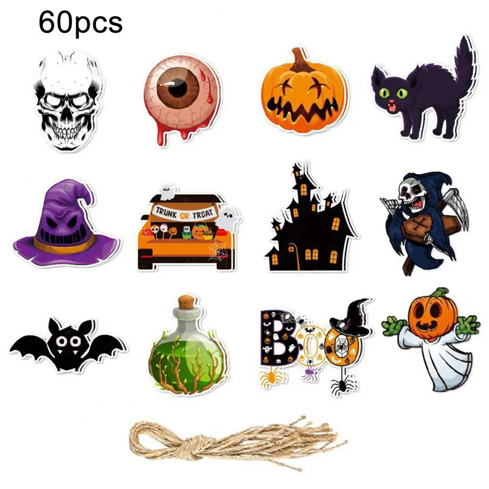 

60Pcs/Set Halloween Hanging Decoration Hemp Rope Paper Reusable Pumpkin Ghost Bat Skull Cat Witch Hat Eyeball Haunted House Orna