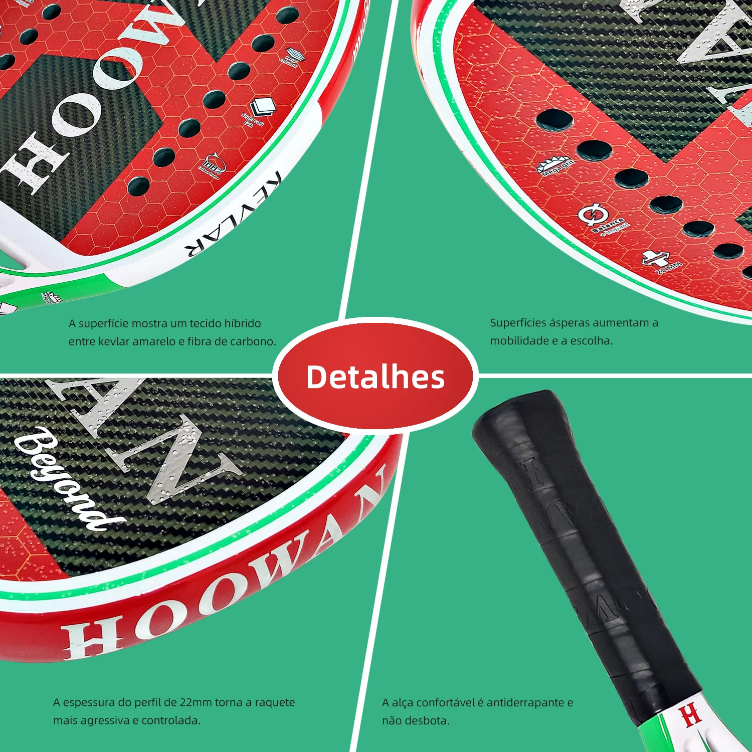 HOOWAN Beach Tennis Racket Professional Carbon Fiber Surface Soft Black EVA Core