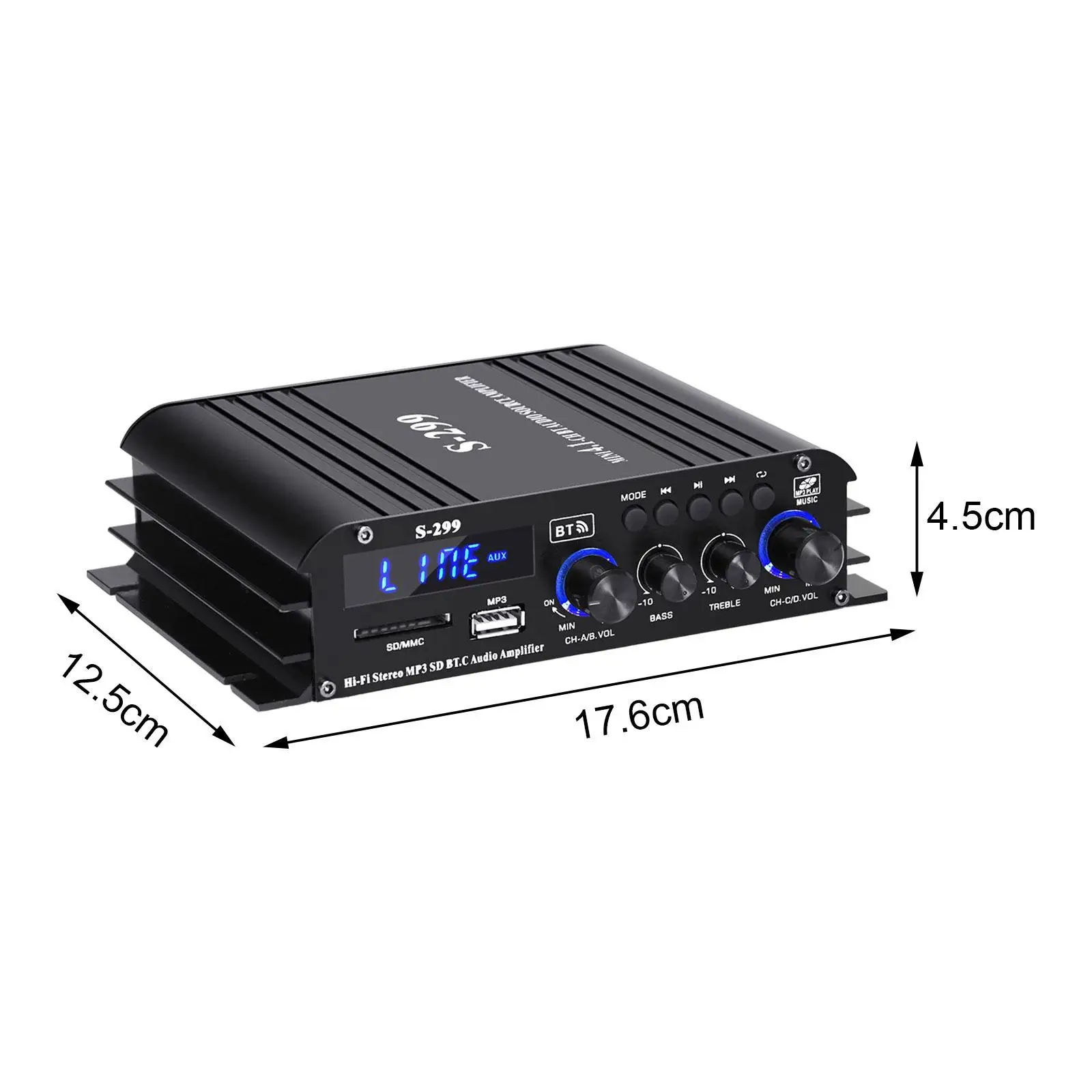 Mini Amplifier USB AUX BT SD HiFi Stereo Amp MP3 4.1 CH for Store Home Theater Subwoofer with Remote Control with Power Adapter