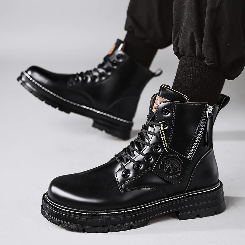 Classic Black Leather Boots for Men Winter Fashion Platform Motorcycle