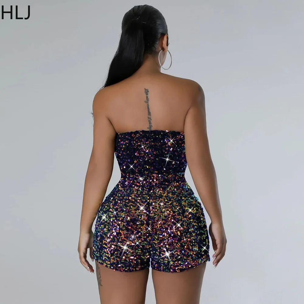 HLJ Fashion Sequin Zipper Bodycon Party Nightclub Rompers Women Off Shoulder Sleeveless Slim Jumpsuits Female Overalls 2023 New
