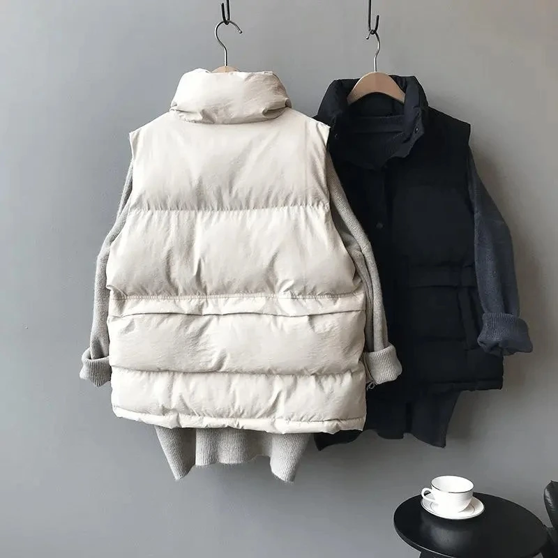 New Women Casual Loose Down Cotton Vests Winter Parkas Warm Padded Coat Oversize Waistcoat Fashion Stand Collar Sleeveless Coat
