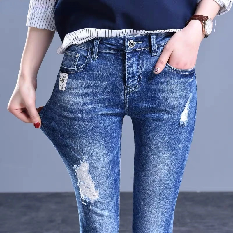 Уличная одежда, Узкие рваные джинсы с высокой талией, винтажные синие джинсовые брюки-карандаш, корейские Капри, облегающие ковбойские брюки для женщин модные мужские стрейчевые узкие джинсы синие рваные однотонные облегающие брюки карандаш повседневная джинсовая уличная одежда с дыркам
