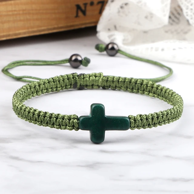 97774-c02c57.jpg Bracelet en corde tressée fait main, turquoise naturelle, croix de Jésus, bracelet réglable pour homme, femme, couple, bijoux religieux porte-bonheur, cadeau