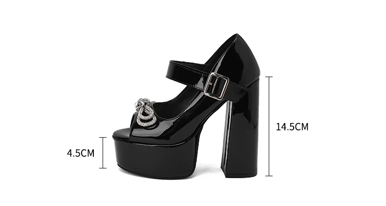 Summer 2023 New Water Platform Super High Heel Peep Toe Sandals Round Toe Lacquer Leather Diamond Bowknot Pumps