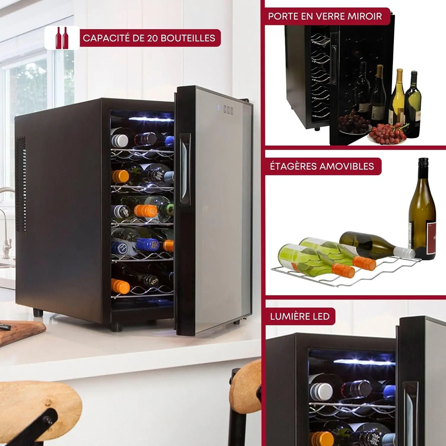 20 Bottle Wine Cooler Cabinet for Champagne, Red & White Wines, Freestanding Cellar with Double Glass Door