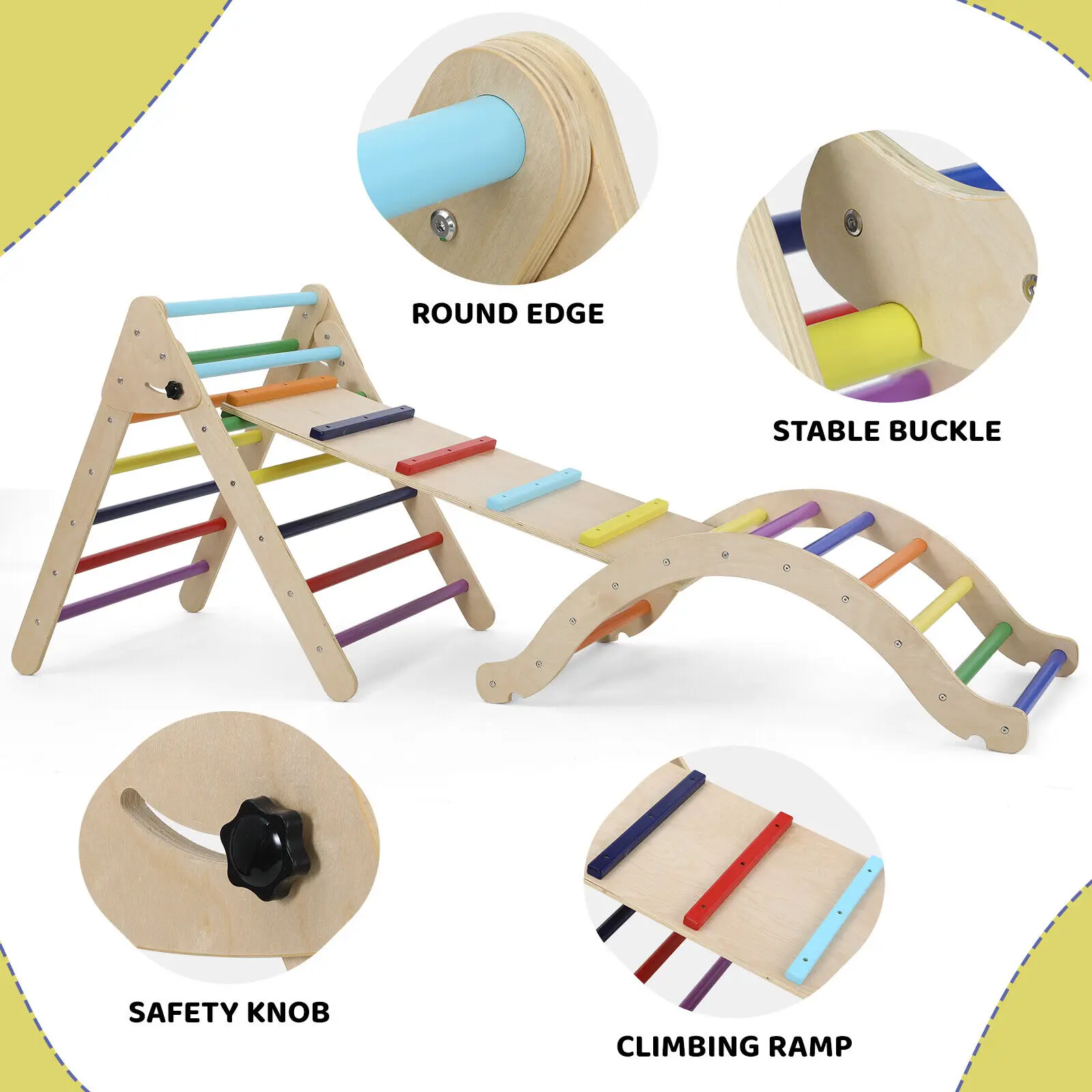 Foldable Climbing Triangle Ladder Toys with Ramp for Sliding,Climbing Set of 3 Wooden Safety Sturdy Kids Play Gym Indoor Outdoor 5