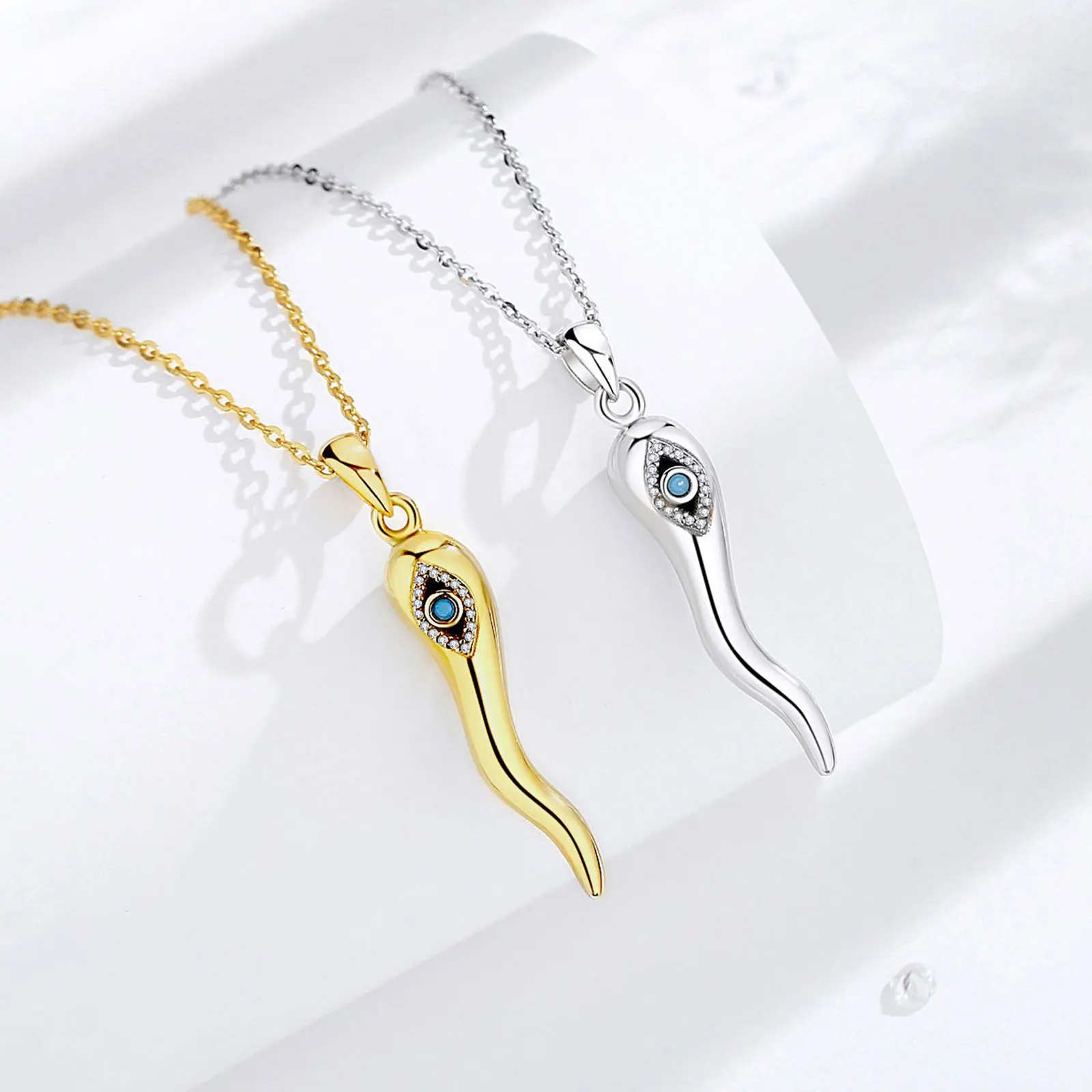 Gold Necklace Lucky Italian Horn Pendant Necklace 18K White Gold