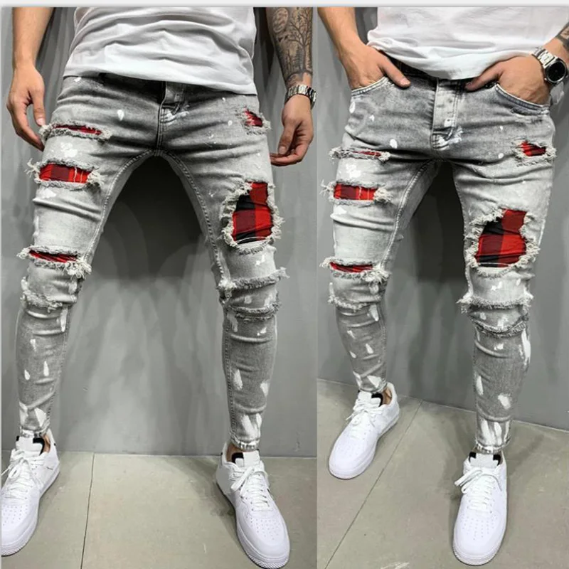 Men Painted Stretch Skinny Jeans Slim Fit
