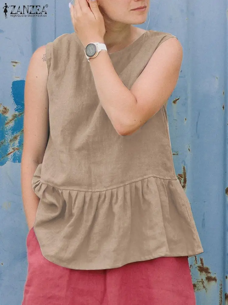 

Элегантные праздничные майки ZANZEA, модная однотонная блузка без рукавов с круглым вырезом, летняя пляжная рубашка, майка с оборками на подоле, майка