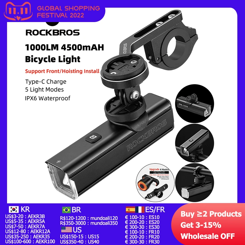 Rockbros Ledマウンテンバイクヘッドライト 1000ルーメン 4800mah 4500mah ロードサイクリング用 自転車用ライト Aliexpress