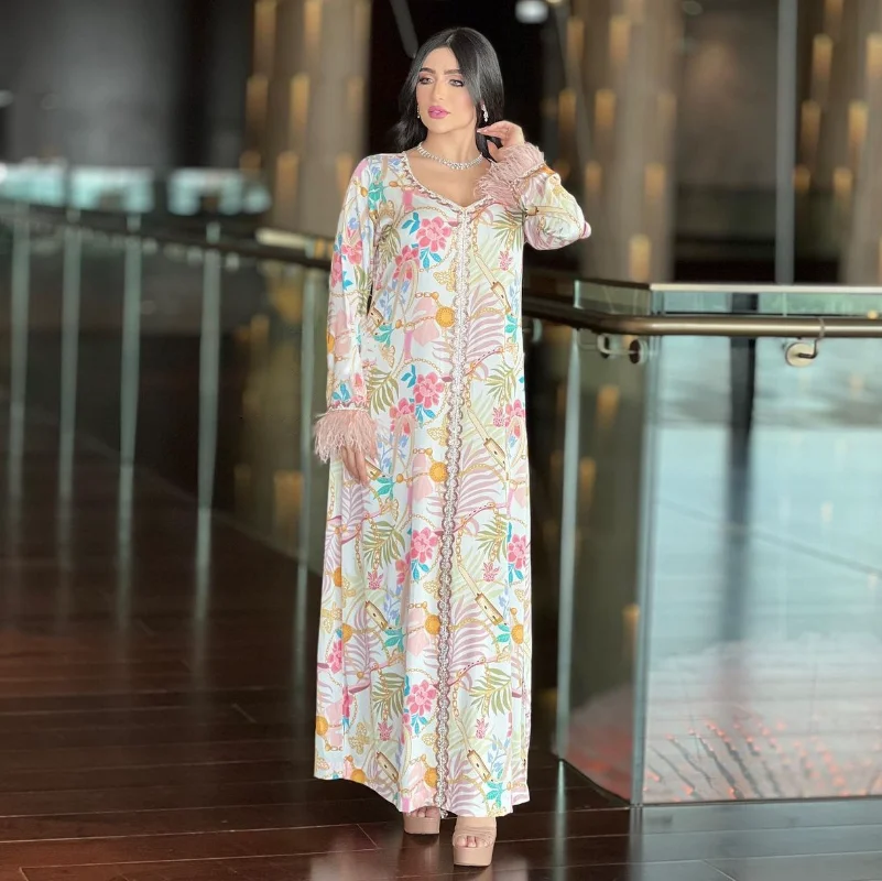 Islam Abaya Dress Fashion Print Hot Diamond Abayas for Women Ostrich Hair Patchwork Loose Women's Dress for Middle East Dubai