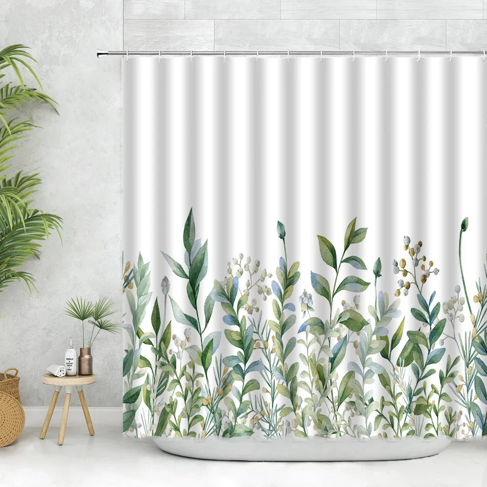 

Green Leaf Shower Curtain Spring Plants Flower Landscape Watercolor Leaves Painting Home Decor Bathroom Polyester Curtains Set