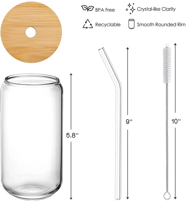 Drinking Glasses with Bamboo Lids and Glass Straw - 16 Oz Can Shaped Glass  Cups Beer Glasses Ice Coffee Glasses Cute Tumbler Cup Great for Soda Boba