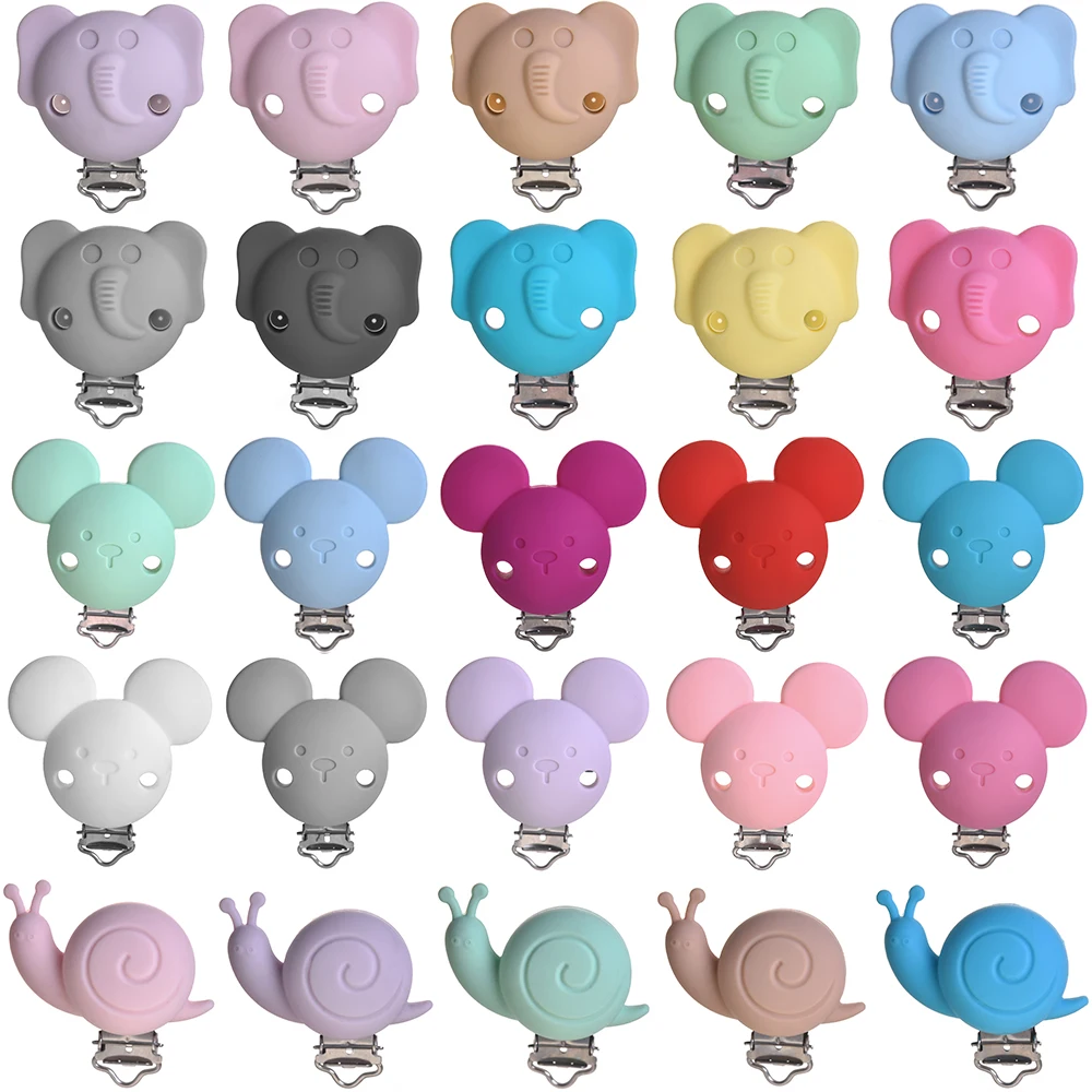 

3Pcs Cartoon Animal Silicone Clip Elephant Snail Shape Teether Clips BPA Free Nursing Teething Beads Tool DIY Baby Nipple Chain