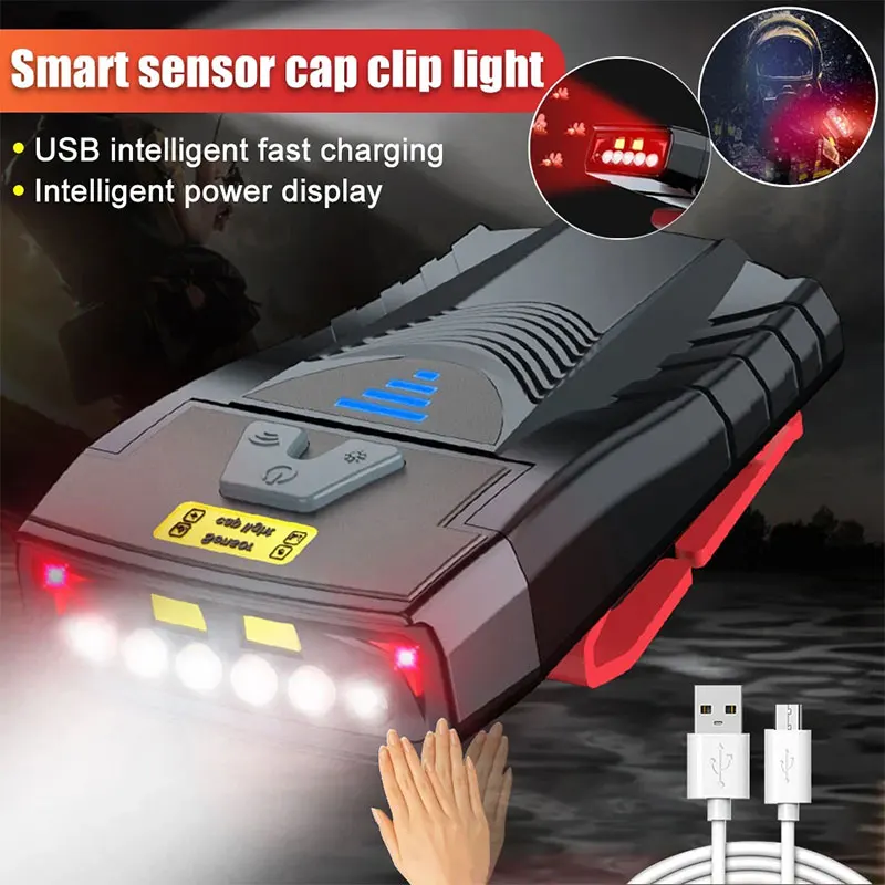 Super Bright Cap Clip Light USB Rechargeable Induction Headlamps Three Light Source LED Mini Fishing Running Head-Mounted Lamp