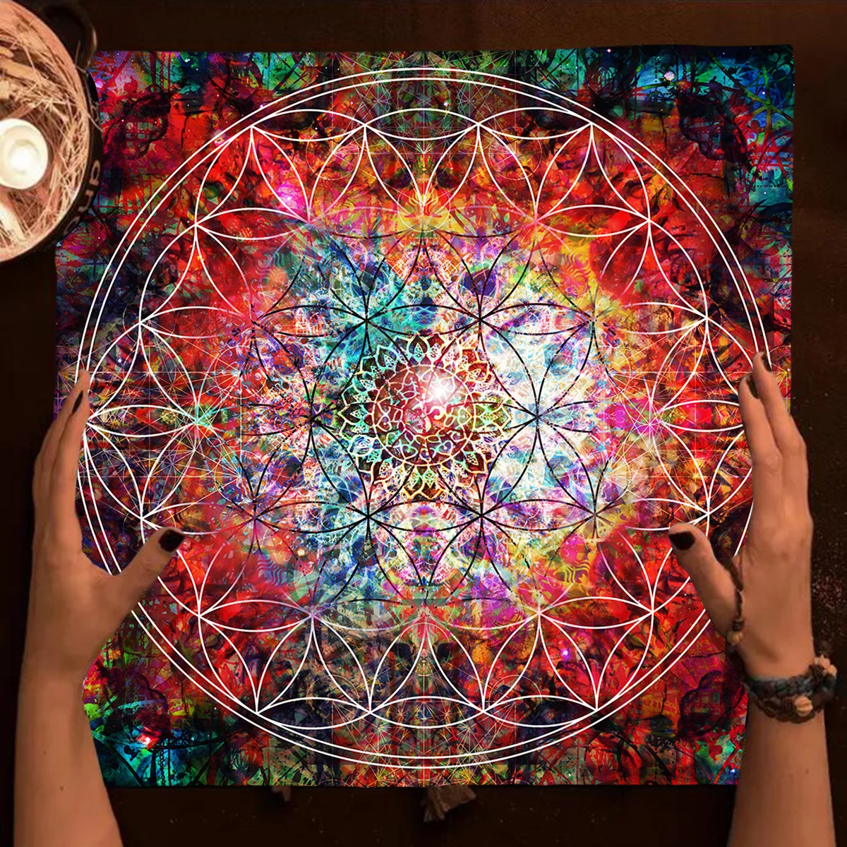 Red Flower Of Life Lunar Elementals Tarot Spread Cloth,Pendulum Divination Altar Cloth, Altar Decor, Tarot Tablecloth