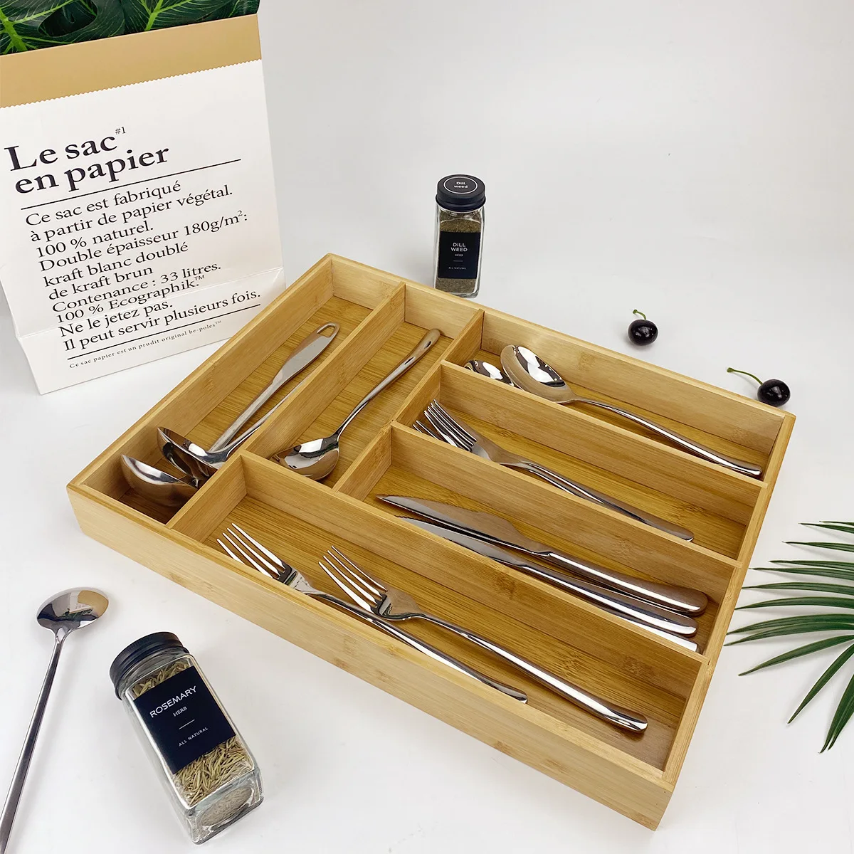 Bamboo storage box expandable knife and fork dividing and organizing box, drawer style cutlery storage boxes 3