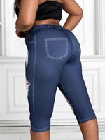 Plus Size Women's Capri Pants Faux Denim Print with Distressed Detail High Elasticity Comfortable Knit Mid-Calf Trousers - Image 4
