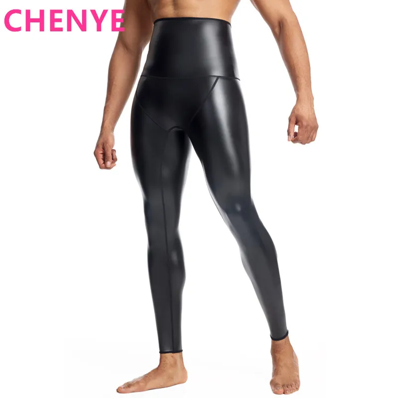 Mens Black High Waist Body Shaper Leather Pants Waist Trainer Shapers Control Panties Compression Underwear Fitness Shaper Pants