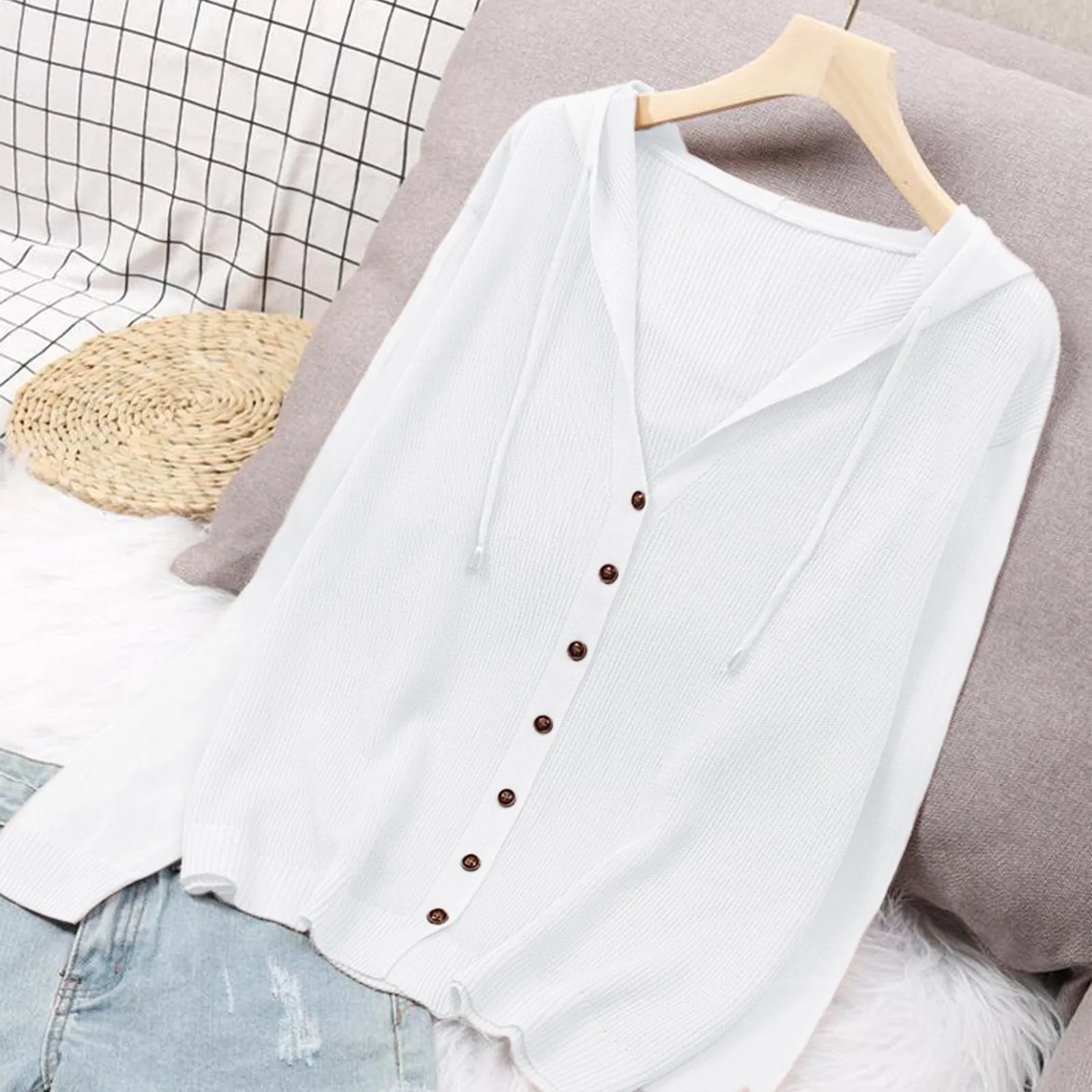 

2023 New Button Up Drop Shoulder Knitted Cardigan Hooded Top Autumn Long Sleeve Ribbed Cardigans Elegant Female Hoody Sweater