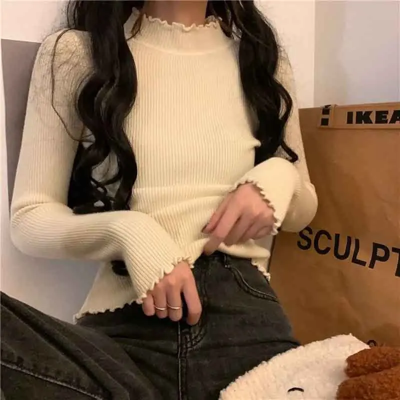 

Fall Ruffle Mock Neck Women Sweater Fashion Slim Long Sleeve Ruched Bottoming Jumper Korean Simple Basic Knitted Solid Pullovers