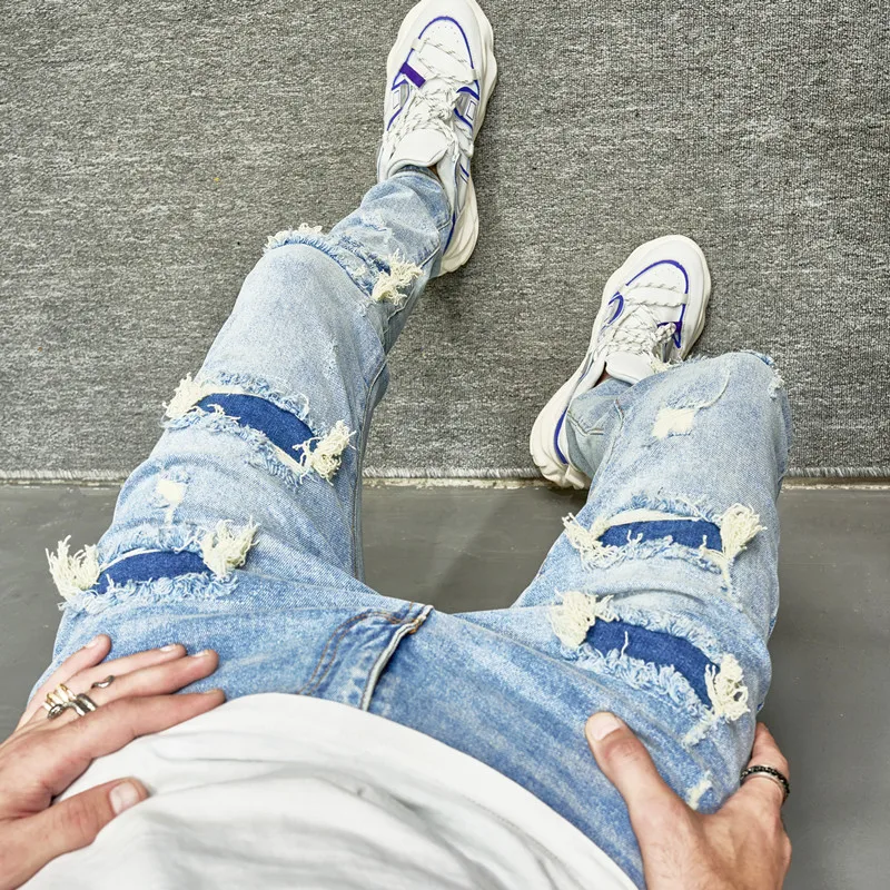 Street Stylish Men Holes Patch Skinny Pencil Jeans Men Jeans Ripped Jeans Ripped Patchwork Jeans Pants Male Ripped Solid Slim Denim Trousers For Men's