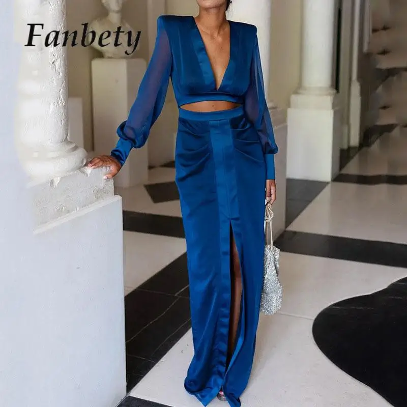 

Fashion V-Neck Long Sleeve Waist Hollow Dress Lady Temperament Banquet Maxi Dress Women Elegant Stitching Folds Slit Party Dress