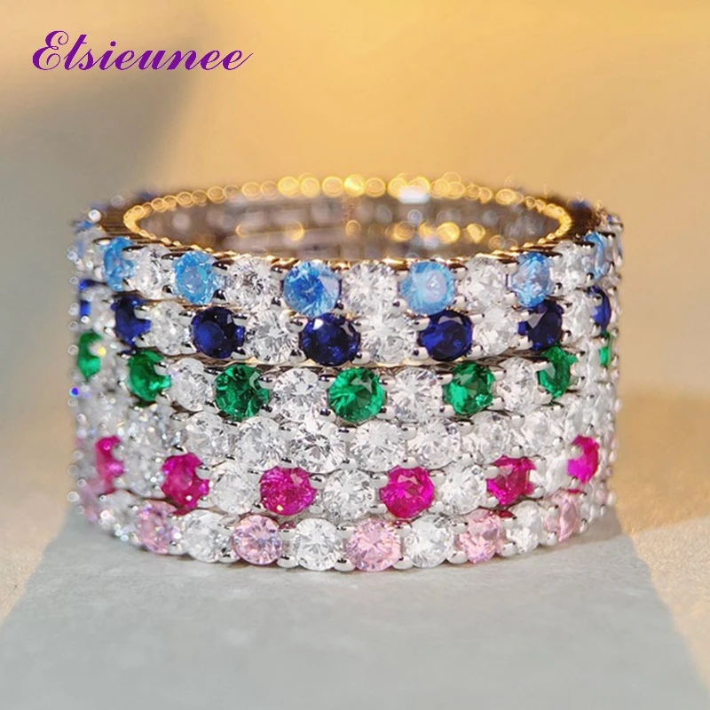 Wedding Rings Round Rings Silver Ring Womens Ring Couple Rings Finger Rings Jewelry Rings Ring Jewelry ELSIEUNEE 925 Sterling Silver 0.2CT Round Cut Sapphire Emerald Diamonds Wedding Bands Engagement Ring Fine Jewelry Gifts