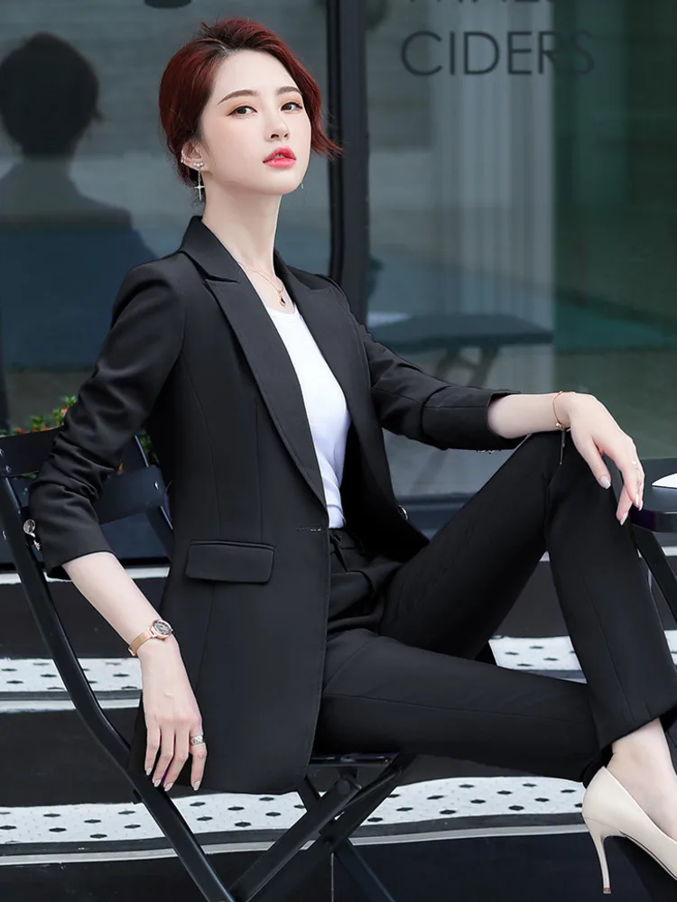 Women Elegant Temperament Long Sleeve Lapel Blazer Or Pants Casual Solid Color Business Occupation Office Clothing New