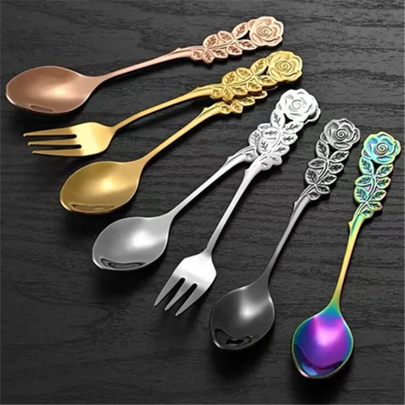 Stainless Steel Spoon Stainless Steel Fork Tea Spoon Rose Flower Head Stainless Steel Coffee Spoon Fruit Dessert Fork Mixing Sppons for Kitchen Hotel