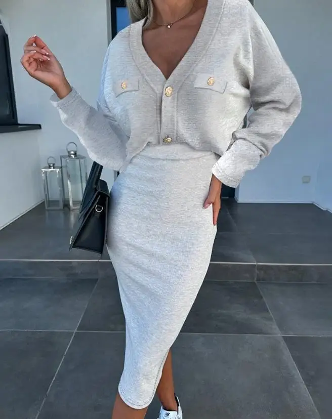 Elegant and Pretty Women's Skirt Set 2023 V-Neck Long Sleeve Buttoned Top & Elastic Waist Midi Dress Set Ladies Two Piece Set