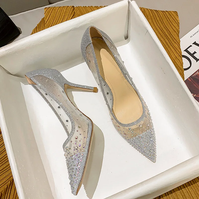 

Mesh Rhinestone Single Shoes for Women's New Colorful Diamond Shallow Mouth Pointed Thin Heels Ultra High Heels Women's Shoes