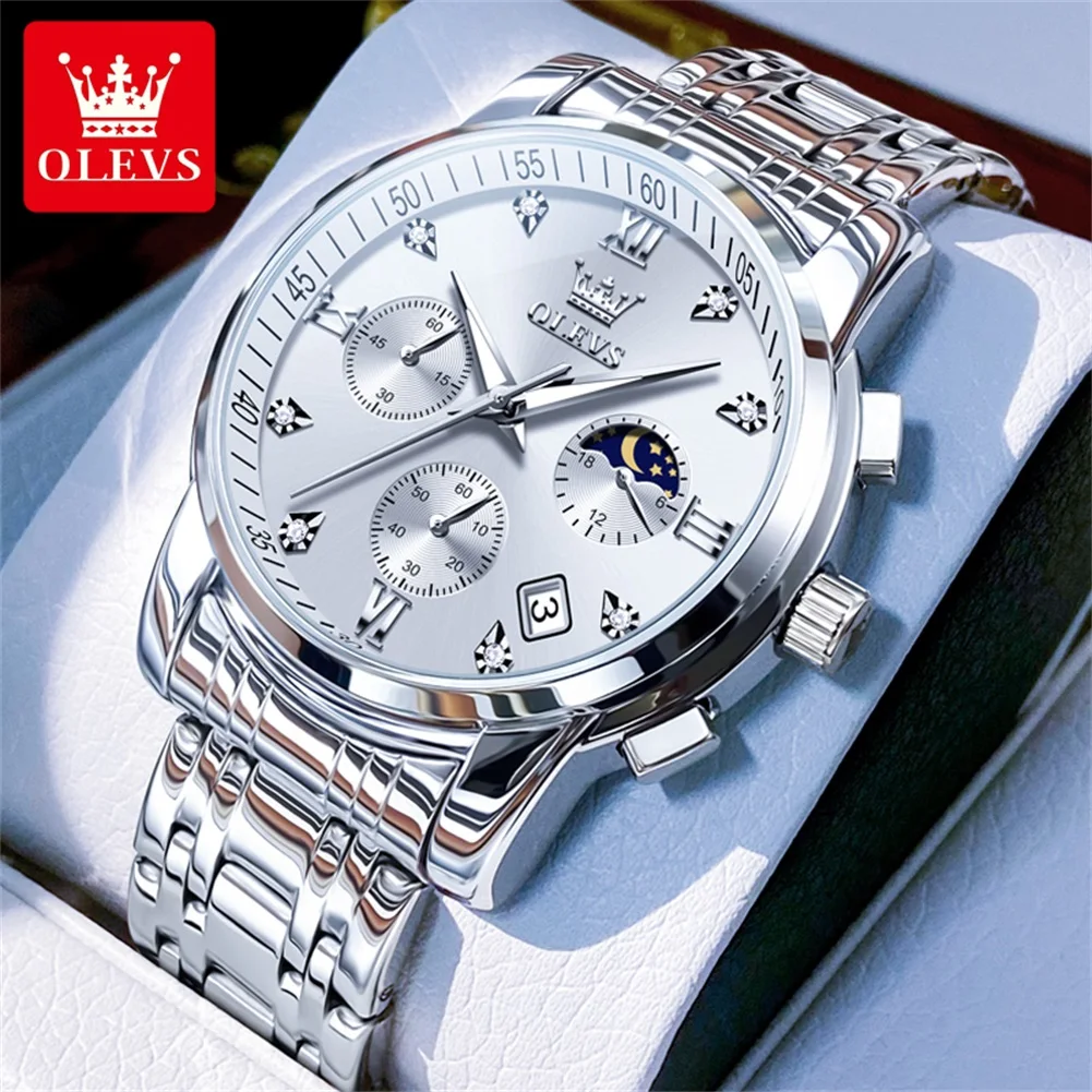 Classic Luxury Quartz Men's Watch with Moon Phase and Waterproof Stainless Steel Design