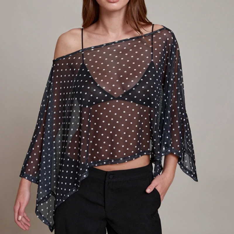 Womens Polka Dot Sheer Shawl Ponchos Cover-ups 2026 Summer Holiday Off Shoulder Cape Blouse Female Beachwear Tops 2