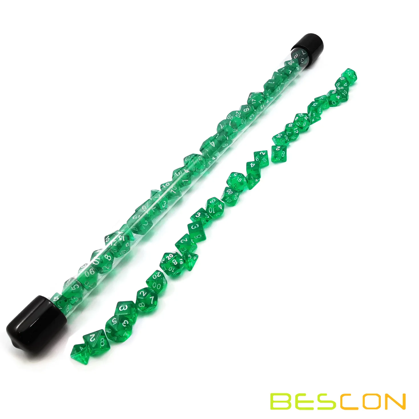Bescon 28pcs Translucent Green Mini Polyhedral Dice Set in Tube, Mini RPG Dice 4X7pcs,Mini Gem Green Dice Tube Set 2