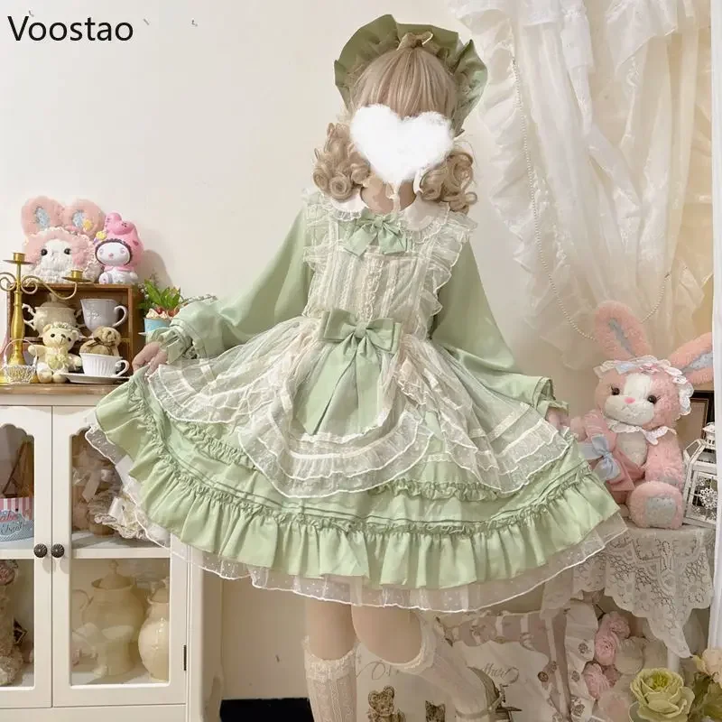 Sweet Lolita Princess OP Dress Women Vintage Elegant Lace Mesh Bow Dresses Harajuku Victorian Girly Kawaii Tea Party Dress