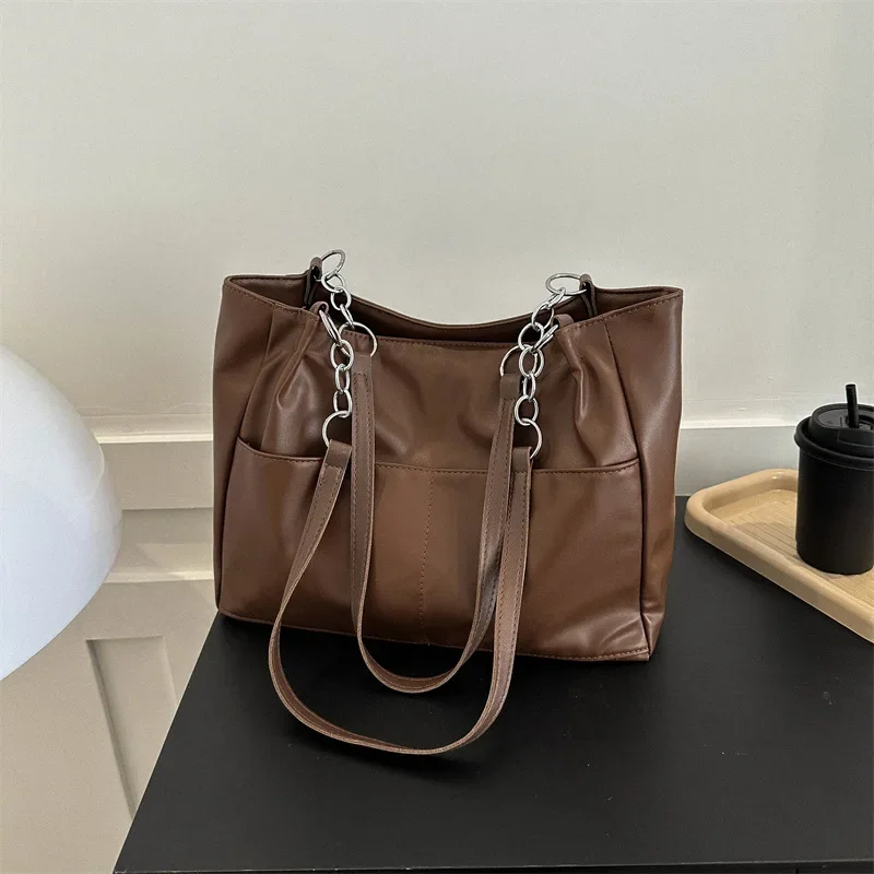 

2024 Shoulder Side Bags for Women Vintage Solid Color Simple Large Capacity Big PU Leather The Latest Handbags Travel Totes