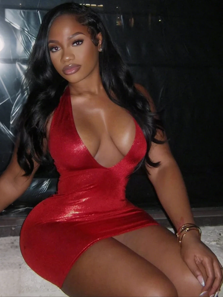 Nibber Peach Hip Sexy Backless Mini Dress Woman Halter Low-Neck Cleavage Sleeveless Skinny Midnight Club Party Hipster Bodycon