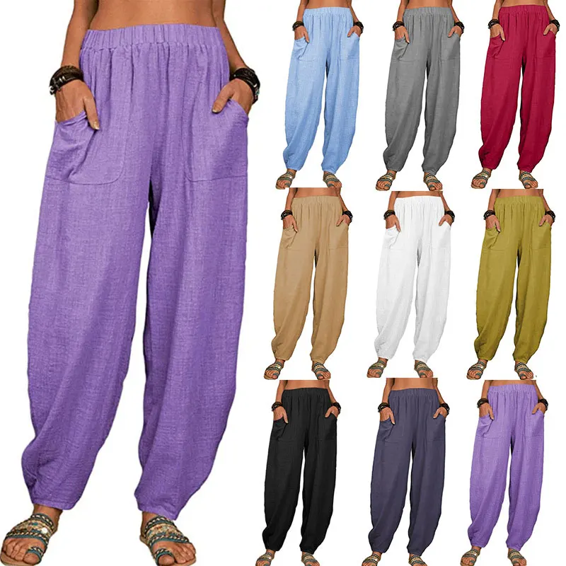 Cotton Linen Pants for Women Summer Loose Casual Harem Pants Trousers Vintage Pockets Elastic Wide Leg Female Trousers Oversize high street hip hop flame print jeans for men and women oversize grey high waist straight jeans retro casual blue loose trousers