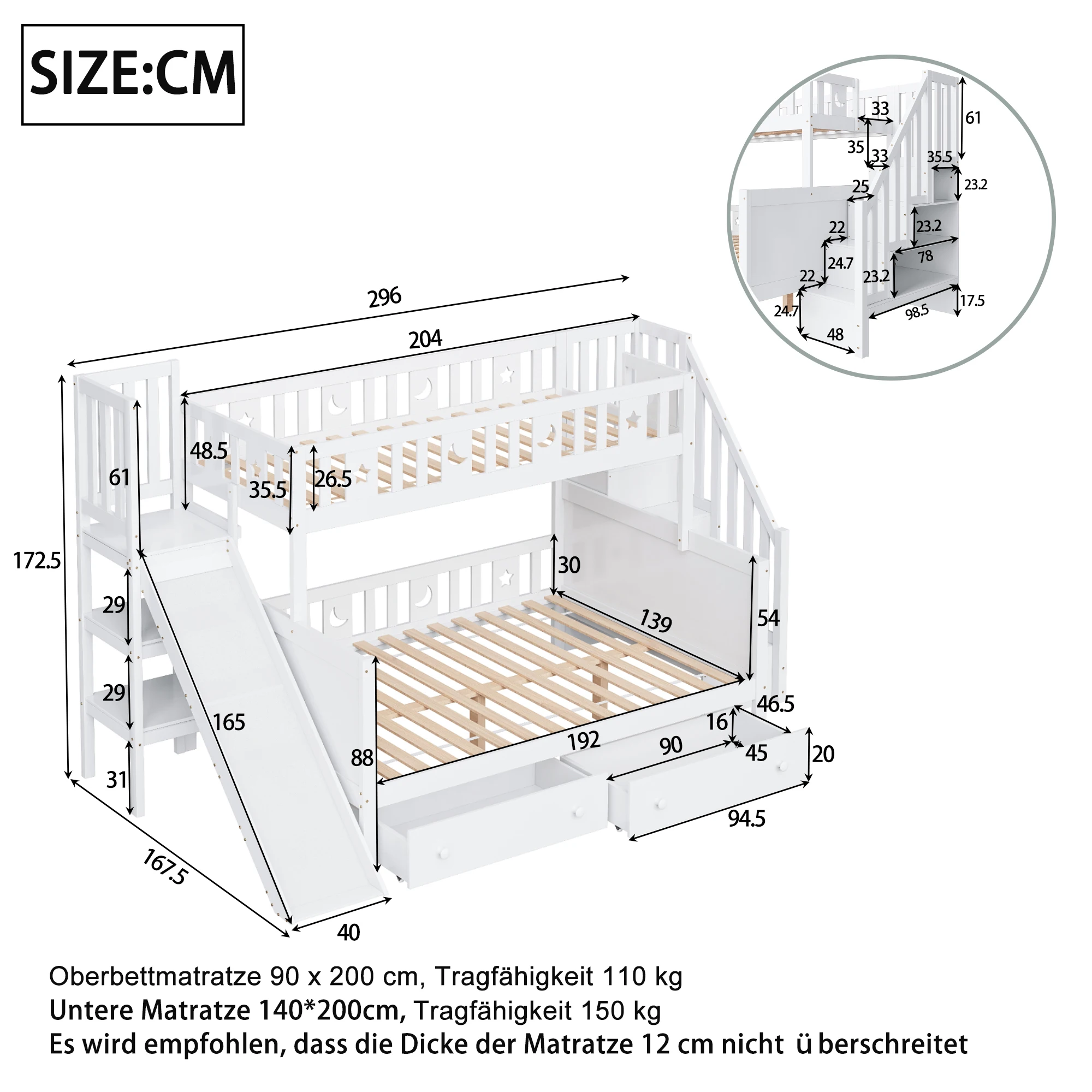 KOMHTOM Massivholz Etagenbett für Kinder in den Maßen 90x200 cm und 140x200 cm mit Sicherheitstreppe zwei großen Schubladen – Detail 8