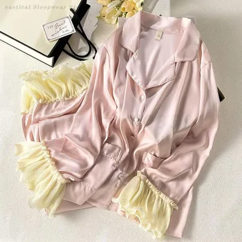 Sweet Princess Style Pijamas Mujer Spring Summer Satin Sleepwear Sexy Luxury Pajamas Set Loose Casual Women's Home Clothes