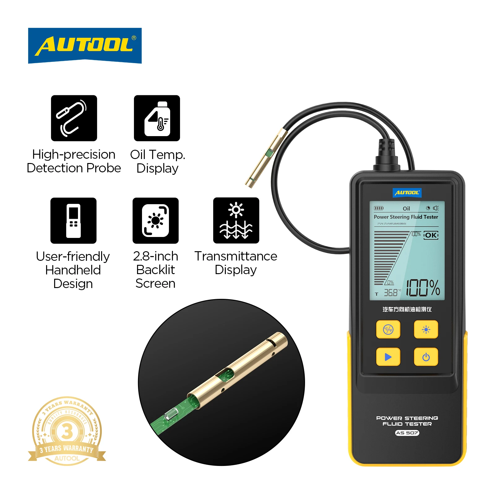 AUTOOL-probador de fluido de dirección asistida AS507 para coche, herramienta de reparación de automóviles con pantalla Digital de 2,8 pulgadas, transmisión de aceite