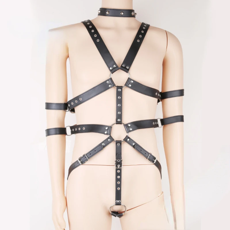 

Man Black PU Tank Tops Bondage Couple Playing Sexy PU Rivet Decor Lingeries Gay Sissy Leather Body Belt Master Cosplay Clubwear