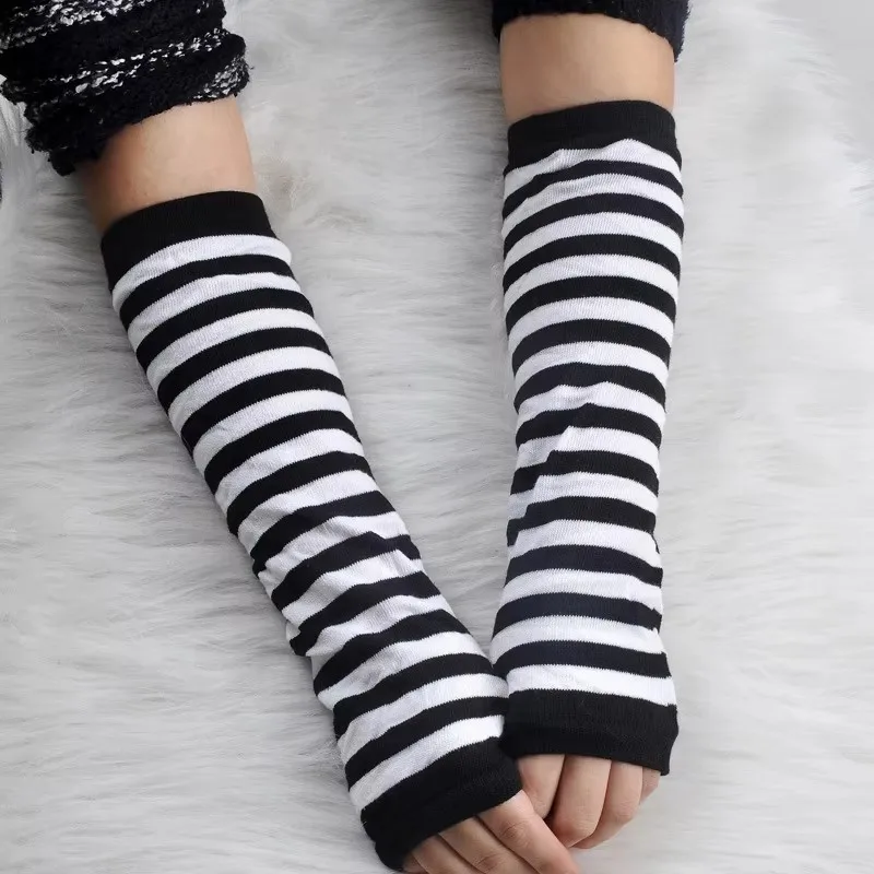 Fingerless Gloves Warm Gloves Fingerless Compression Gloves Fashion Classic Gothic Striped Knitted Long Gloves Fingerless Oversleeve for Women Female Stretch Winter Arm Warmer Gloves