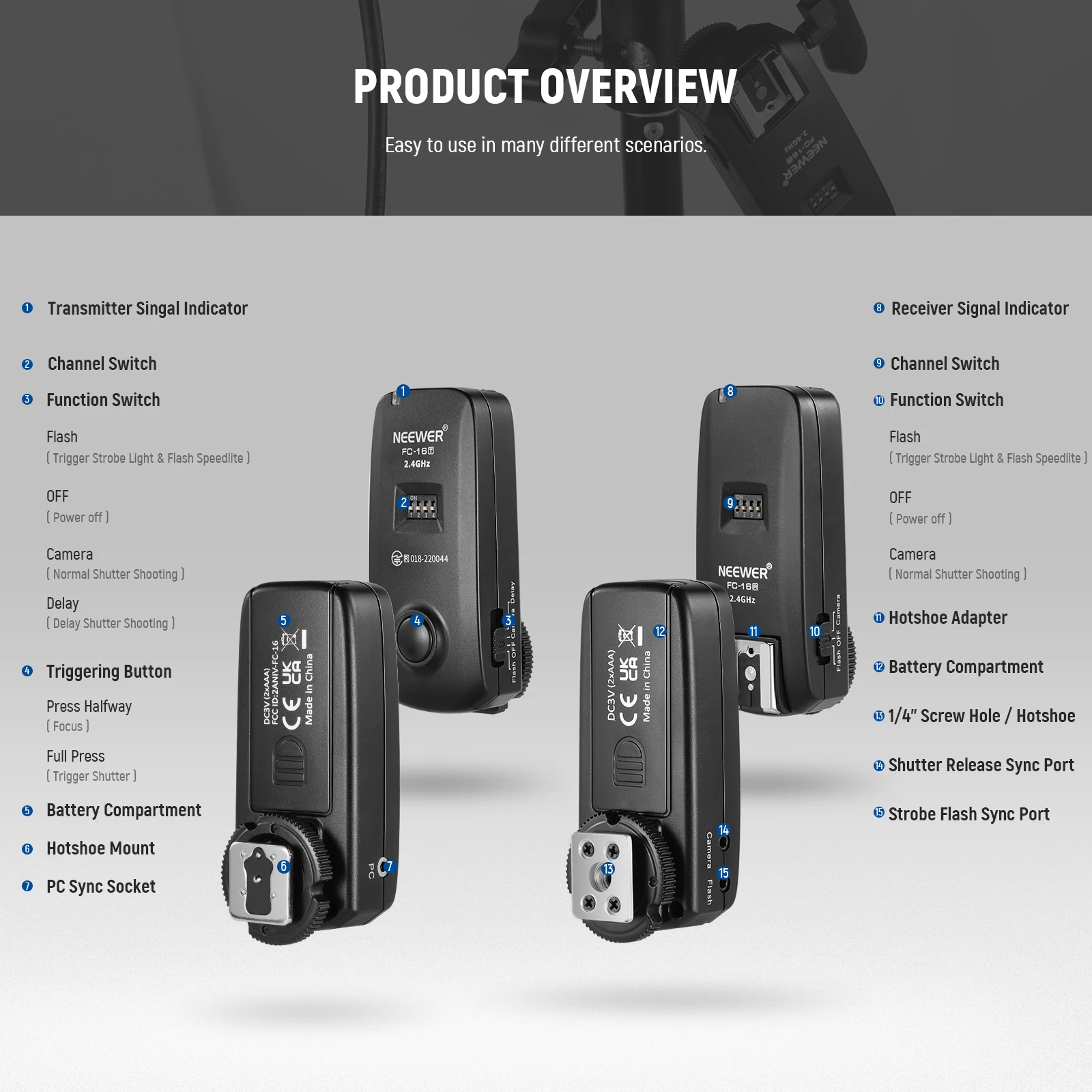 NEEWER FC-16 2.4G Wireless Camera Shutter Studio Flash Trigger with Two Receivers Compatible with Canon/Nikon/Sony