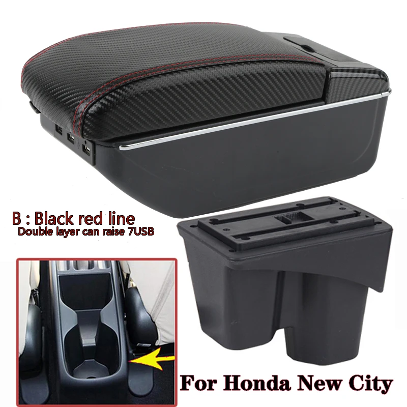 

For Honda New City Armrest Box USB Charging Heighten Double Layer Central Store Content Arm Rest Led Accessories