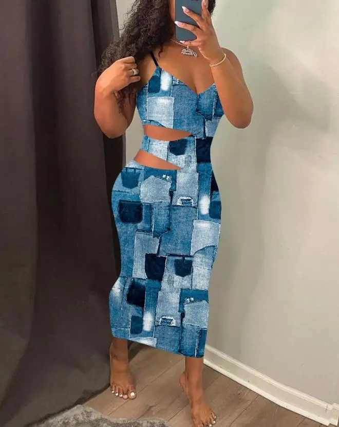 

Women's Dresses 2023 Summer Fashion Denim Look Print Sexy Cutout V-Neck Sleeveless Bodycon Daily Maxi Dress